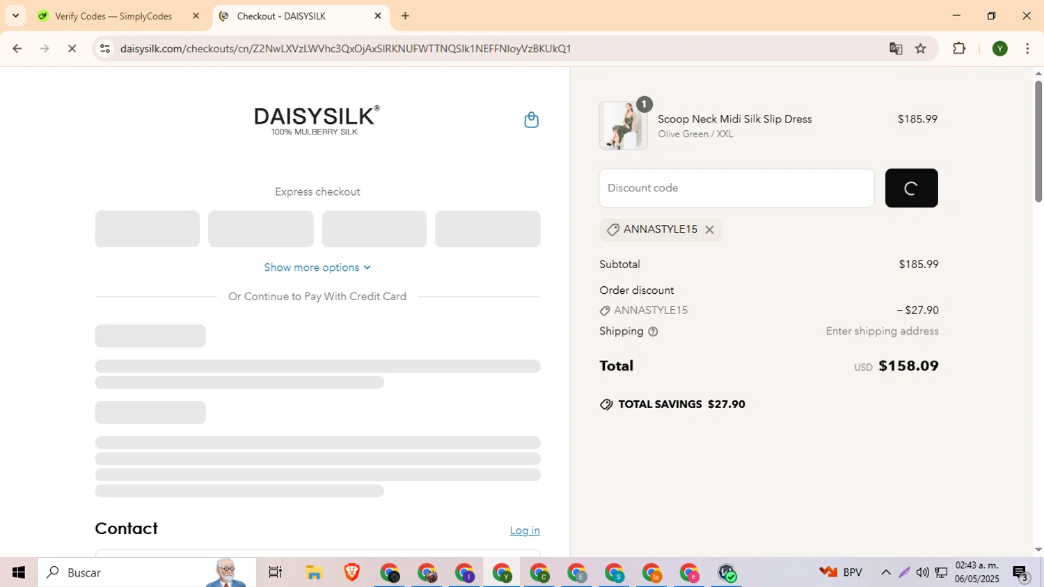 Daisysilk promo code screenshot showing code annastyle15 applied at Daisysilk checkout page. Uploaded by SimplyCodes community member ylleneromero on May 6, 2025