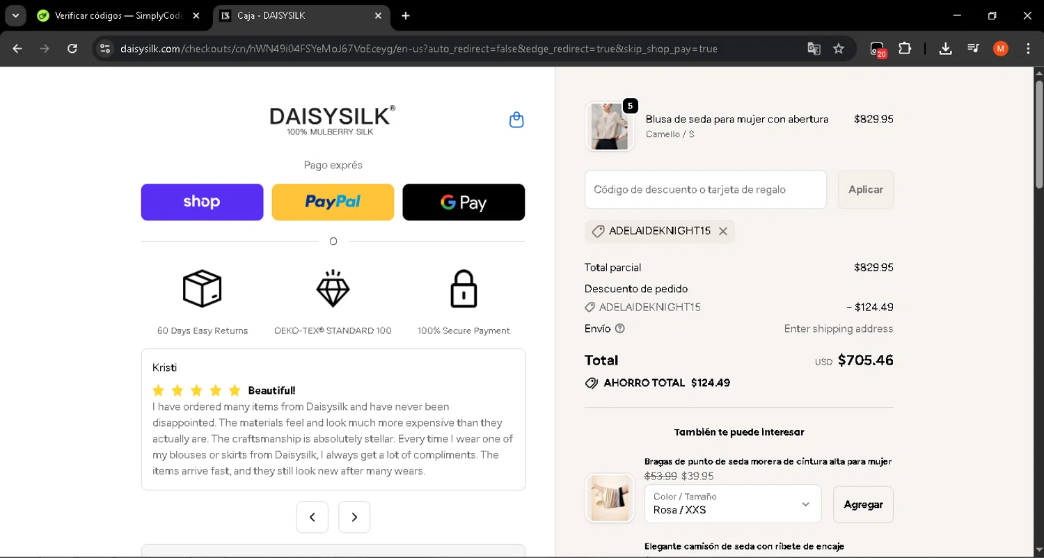 Daisysilk promo code screenshot showing code ADELAIDEKNIGHT15 applied at Daisysilk checkout page. Uploaded by SimplyCodes community member CrownGuardian2710 on Oct 15, 2025