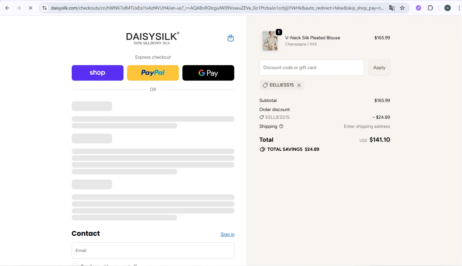 Daisysilk promo code screenshot showing code EELLIESS15 applied at Daisysilk checkout page. Uploaded by SimplyCodes community member Danmiel007 on Dec 6, 2025
