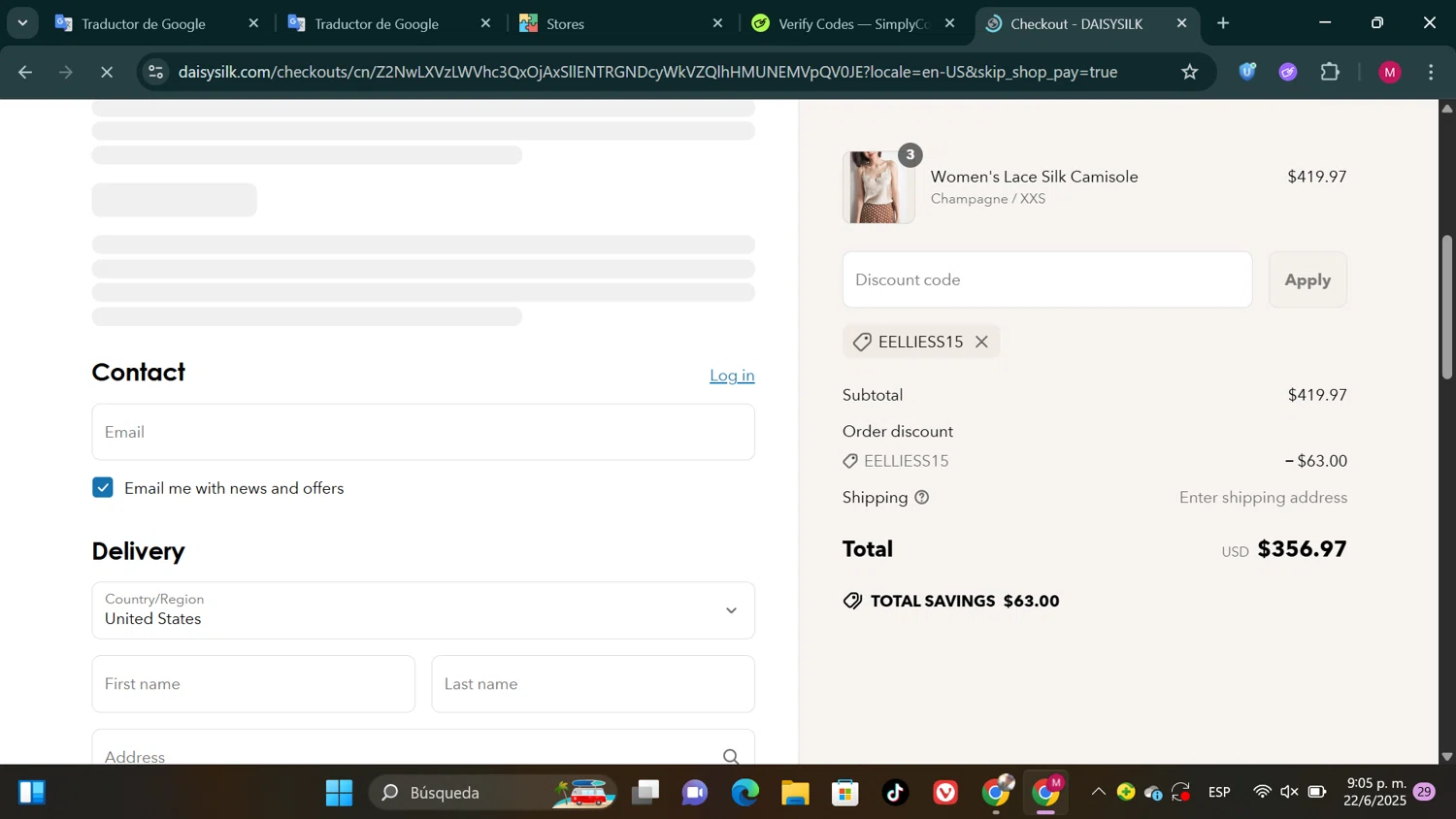 Daisysilk promo code screenshot showing code EELLIESS15 applied at Daisysilk checkout page. Uploaded by SimplyCodes community member SwiftPioneer1769 on Jun 23, 2025