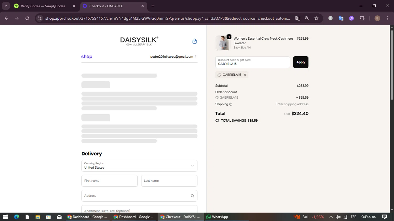 Daisysilk promo code screenshot showing code GABRIELA15 applied at Daisysilk checkout page. Uploaded by SimplyCodes community member ExtraordinaryBoss3426 on Oct 28, 2025