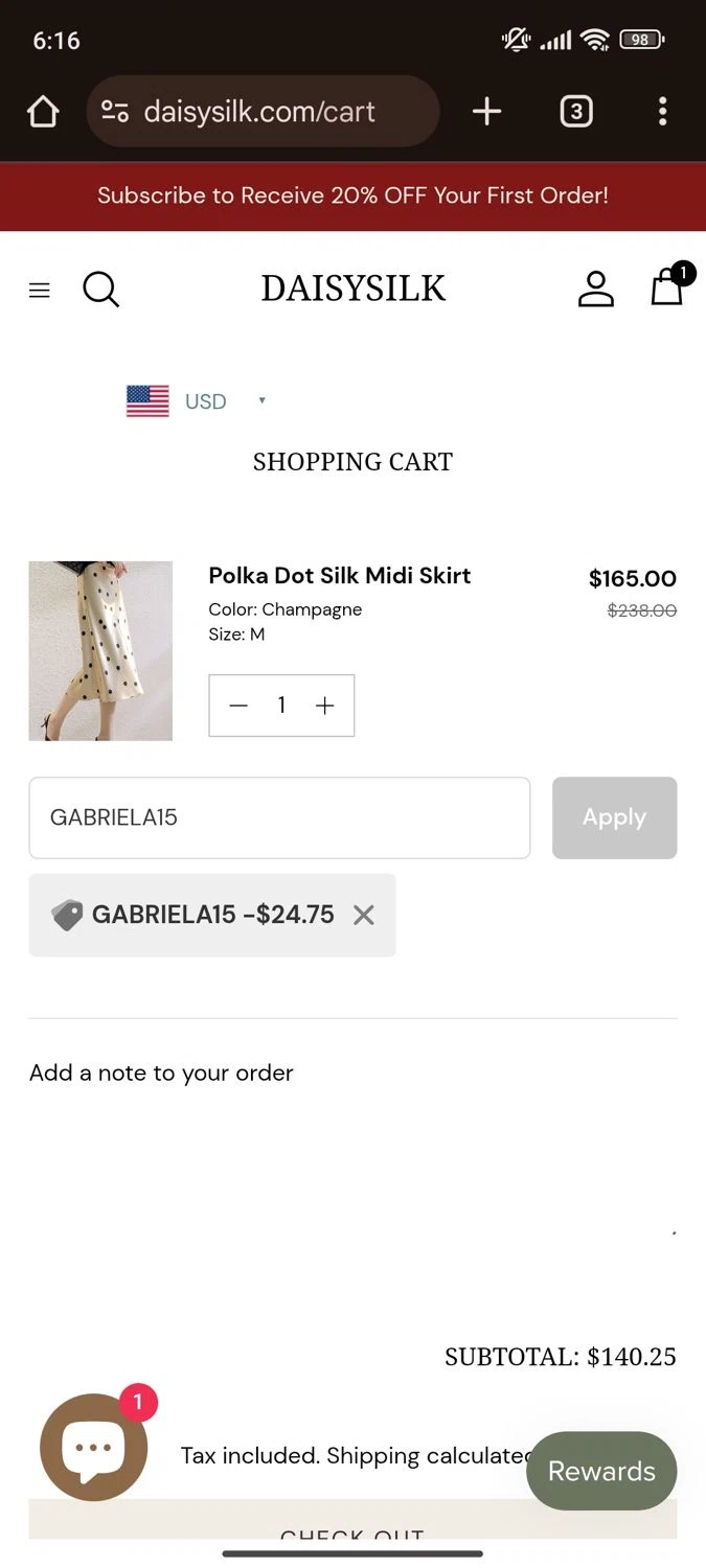 Daisysilk promo code screenshot showing code GABRIELA15 applied at Daisysilk checkout page. Uploaded by SimplyCodes community member GoldLynx7797 on Feb 18, 2025