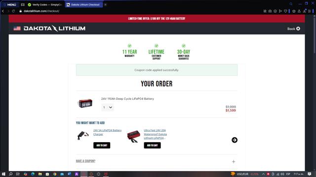 Dakota Lithium checkout page showing Dakota Lithium coupon code box | Screenshot taken by SimplyCodes community member on Mar 4, 2025