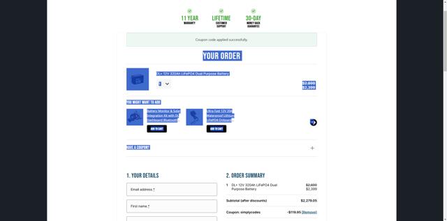 Dakota Lithium checkout page showing Dakota Lithium coupon code box | Screenshot taken by SimplyCodes community member on Feb 24, 2025