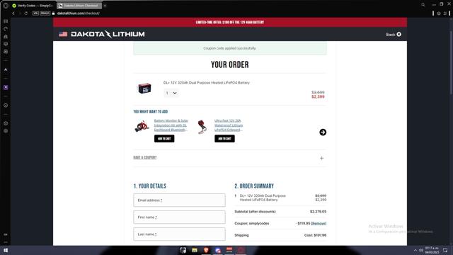 Dakota Lithium checkout page showing Dakota Lithium coupon code box | Screenshot taken by SimplyCodes community member on Mar 4, 2025