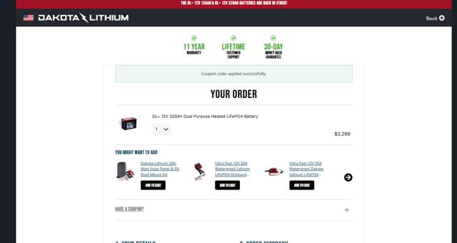 Dakota Lithium checkout page showing Dakota Lithium coupon code box | Screenshot taken by SimplyCodes community member on May 8, 2025