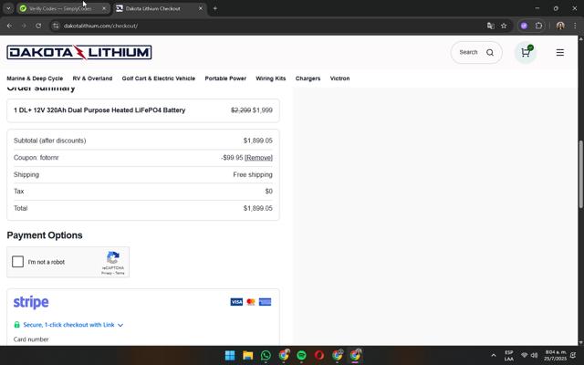 Dakota Lithium checkout page showing Dakota Lithium coupon code box | Screenshot taken by SimplyCodes community member on Jul 25, 2025