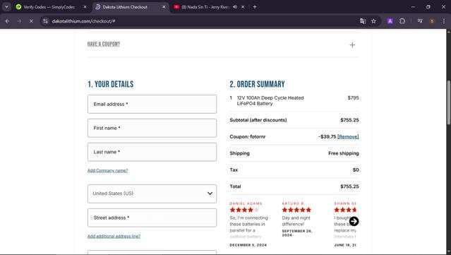 Dakota Lithium checkout page showing Dakota Lithium coupon code box | Screenshot taken by SimplyCodes community member on Jun 26, 2025
