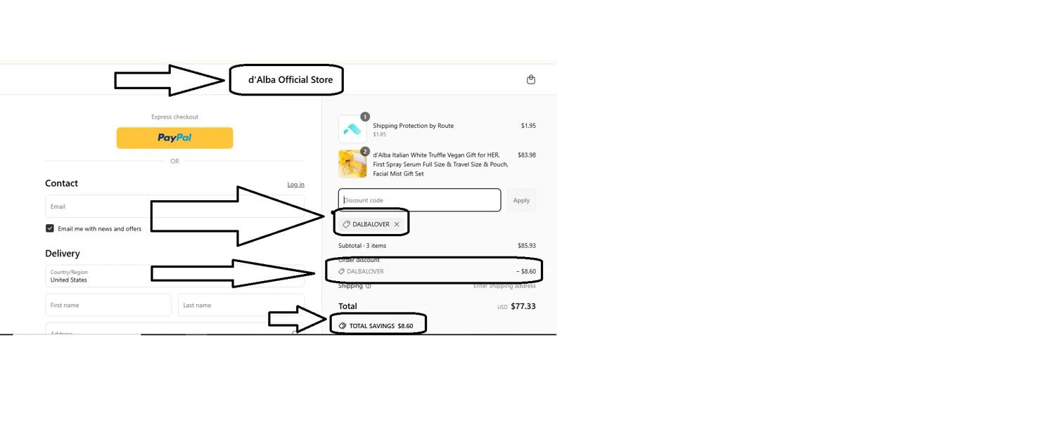 d'Alba discount code screenshot showing code DALBALOVER applied at d'Alba checkout page. Uploaded by SimplyCodes community member CoinVoyager3598 on Mar 18, 2025