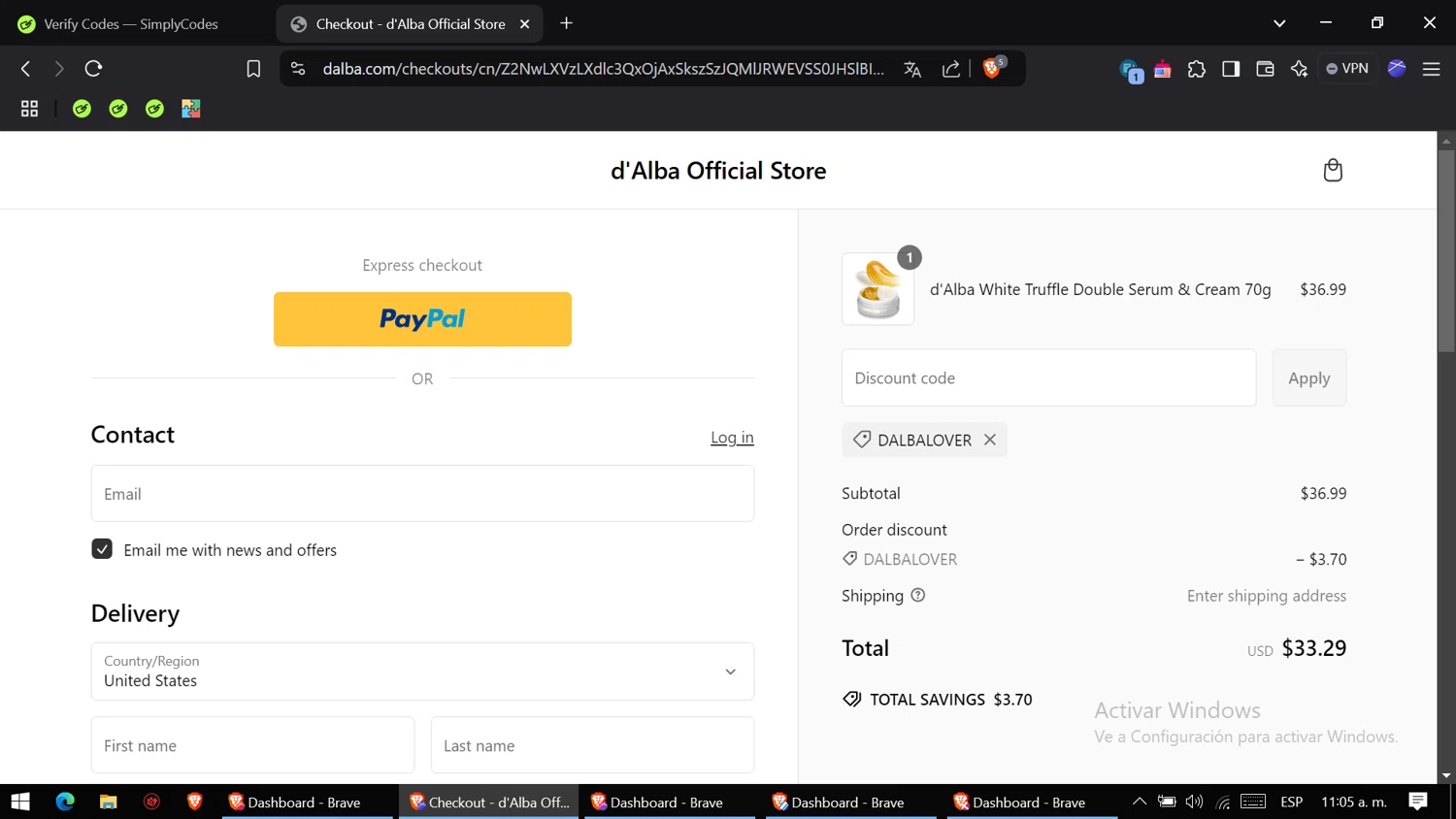 d'Alba discount code screenshot showing code DALBALOVER applied at d'Alba checkout page. Uploaded by SimplyCodes community member CoinVirtuoso9916 on Feb 2, 2025