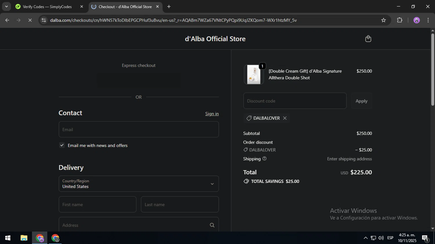 d'Alba discount code screenshot showing code DALBALOVER applied at d'Alba checkout page. Uploaded by SimplyCodes community member USERR1 on Nov 10, 2025