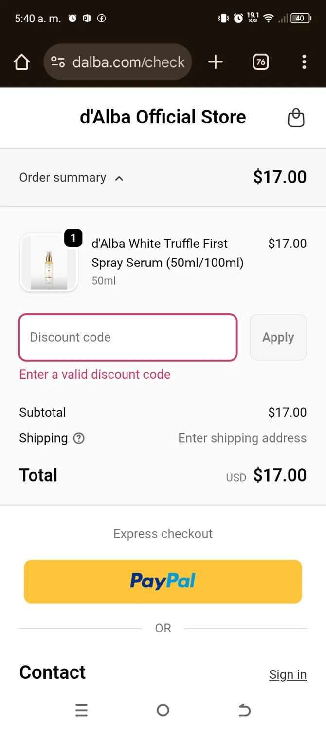 d'Alba discount code screenshot showing code DALBA_OCT applied at d'Alba checkout page. Uploaded by SimplyCodes community member BonusChaser4306 on Nov 4, 2025