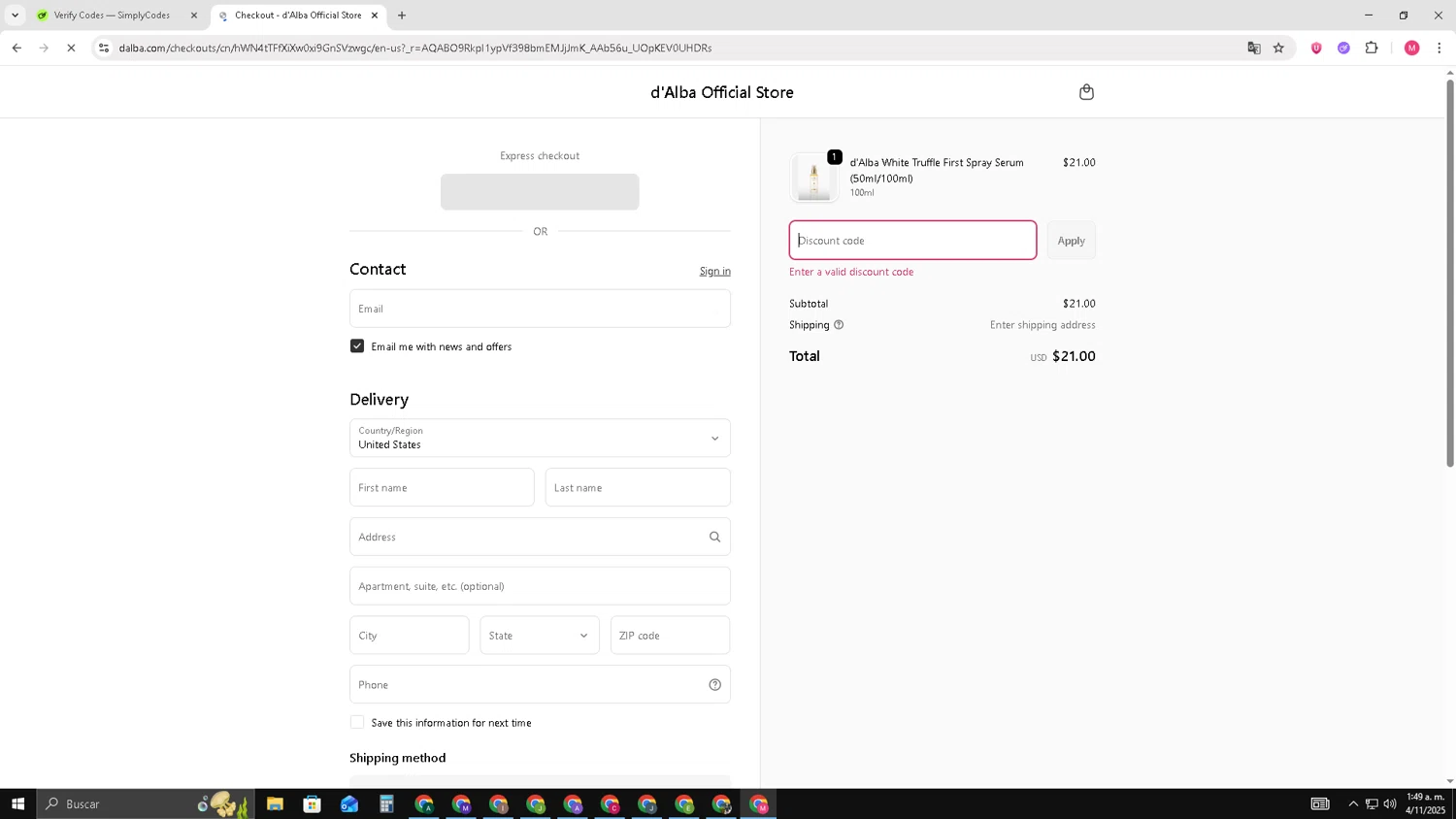 d'Alba discount code screenshot showing code DALBA_OCT applied at d'Alba checkout page. Uploaded by SimplyCodes community member CBR600 on Nov 4, 2025