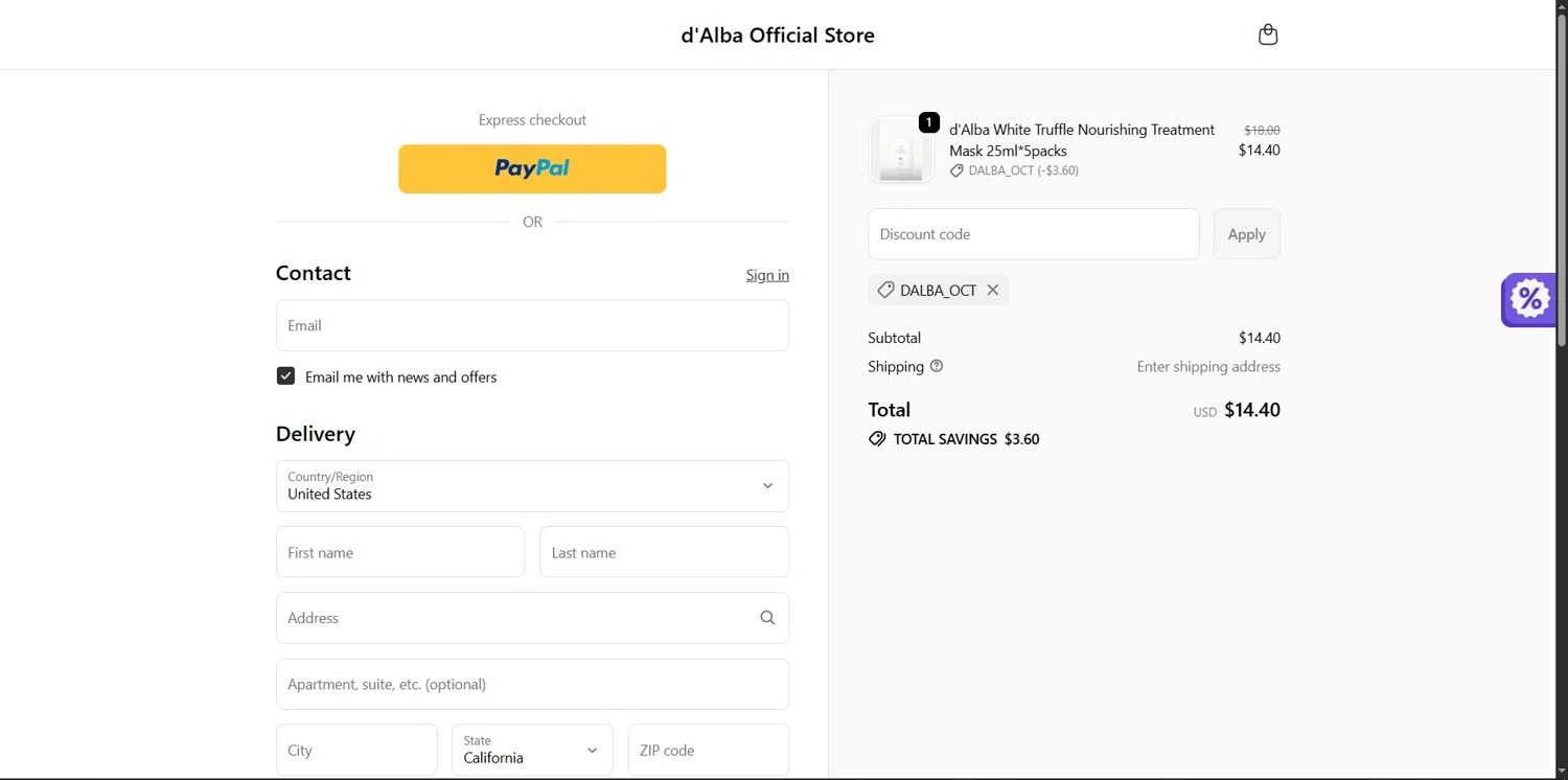 d'Alba discount code screenshot showing code DALBA_OCT applied at d'Alba checkout page. Uploaded by SimplyCodes community member Depressive on Oct 25, 2025