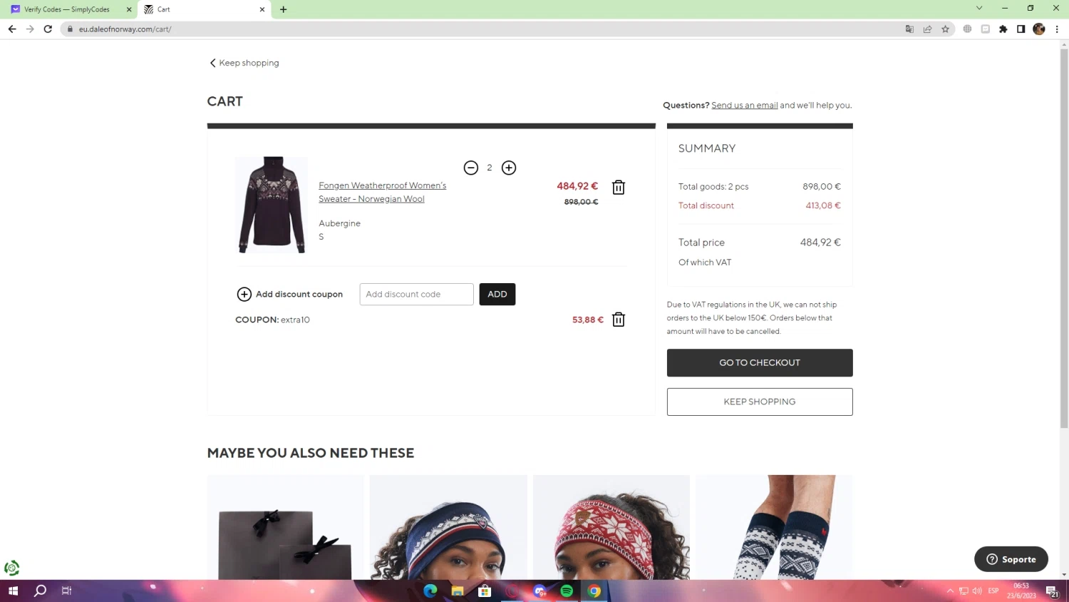 Dale of Norway US checkout page showing Dale of Norway US promo code box | Screenshot taken by SimplyCodes community member on Jun 23, 2023