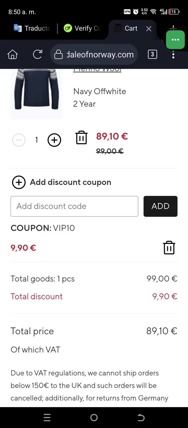 Dale of Norway US promo code screenshot showing code VIP10 applied at Dale of Norway US checkout page. Uploaded by SimplyCodes community member JannyiseaN on May 18, 2025