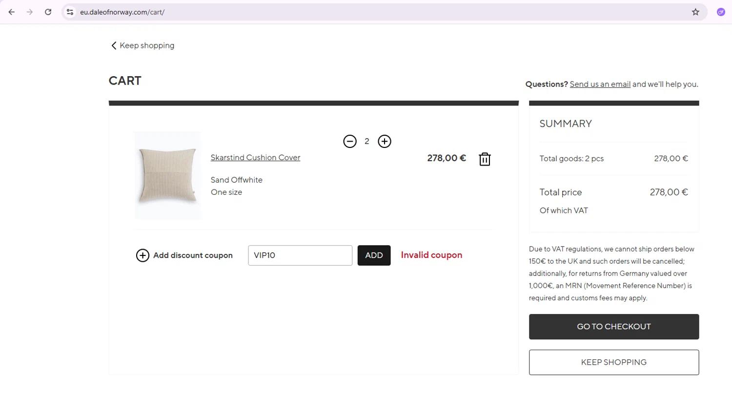 Dale of Norway US promo code screenshot showing code VIP10 applied at Dale of Norway US checkout page. Uploaded by SimplyCodes community member Samu10 on Jun 15, 2025