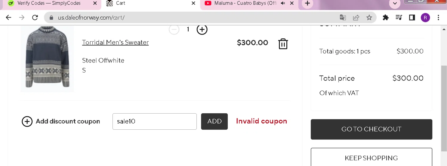 Dale of Norway US promo code screenshot showing code sale10 applied at Dale of Norway US checkout page. Uploaded by SimplyCodes community member DealFox7738 on Jul 7, 2025