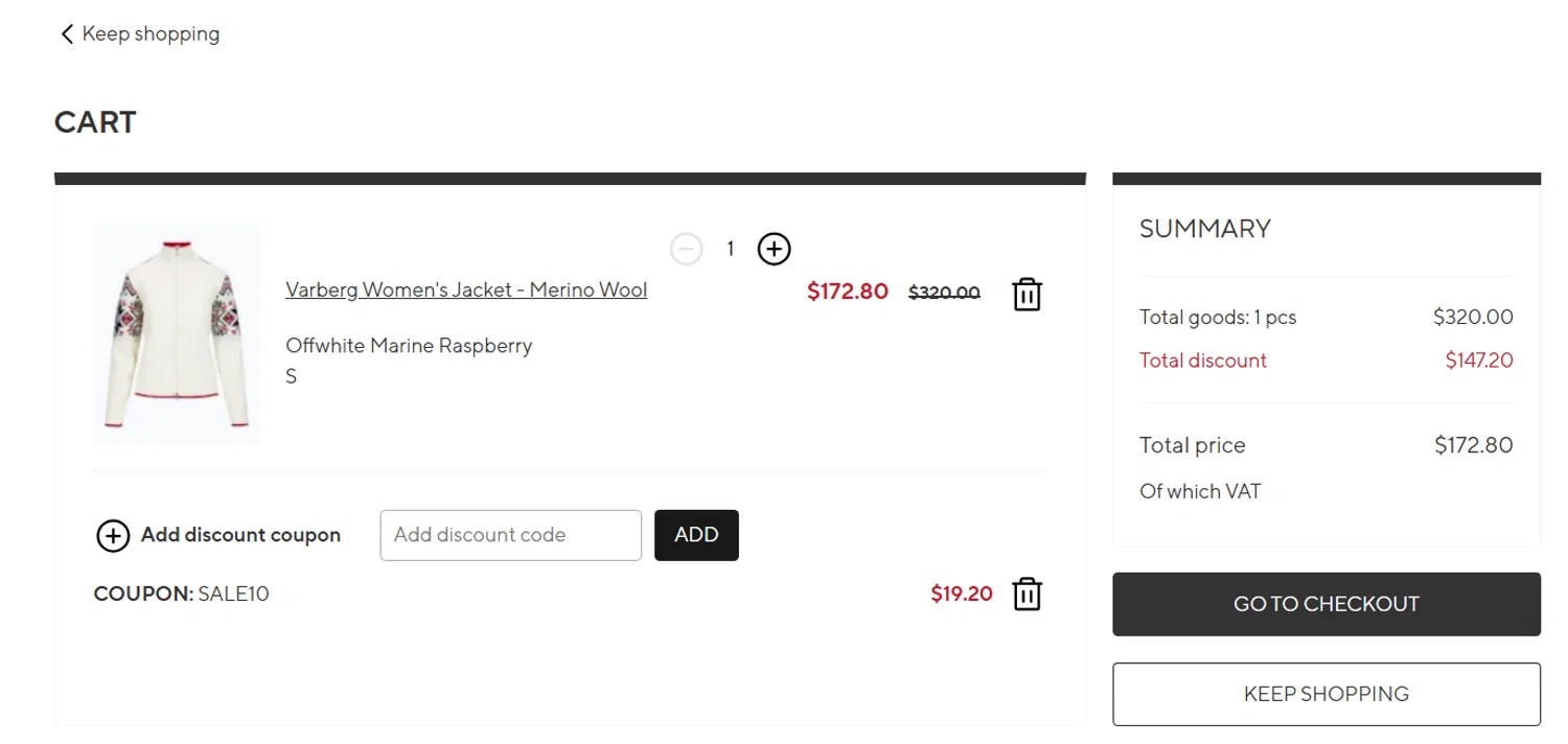 Dale of Norway US promo code screenshot showing code sale10 applied at Dale of Norway US checkout page. Uploaded by SimplyCodes community member eduardespinoza on Jun 8, 2025
