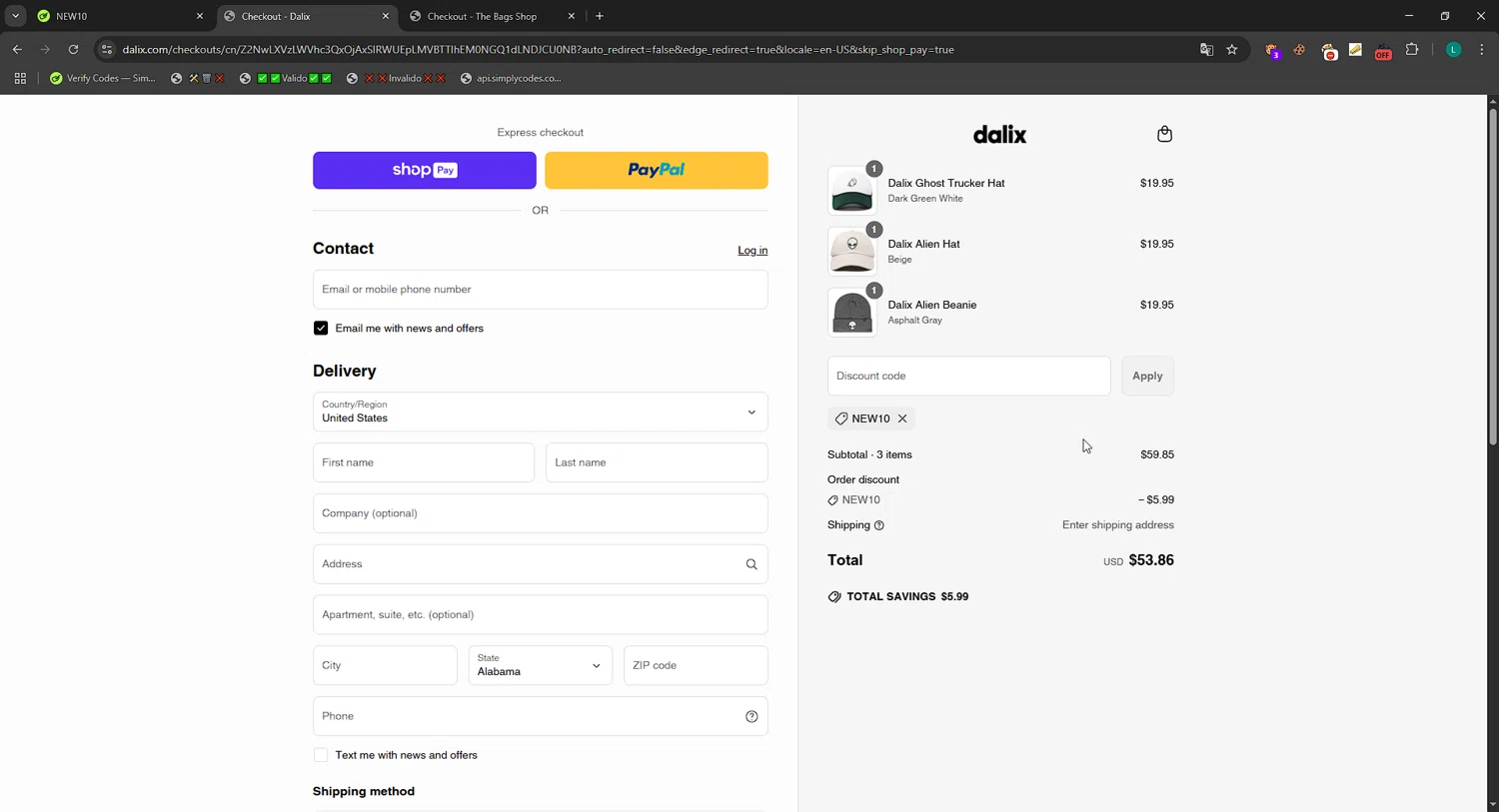 Dalix discount code screenshot showing code NEW10 applied at Dalix checkout page. Uploaded by SimplyCodes community member CrownBoss2710 on May 9, 2025