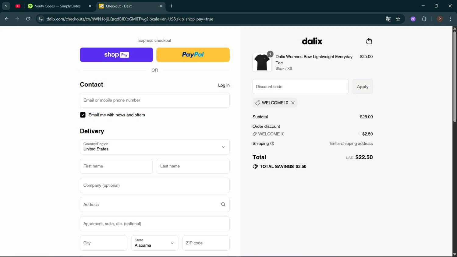 Dalix discount code screenshot showing code WELCOME10 applied at Dalix checkout page. Uploaded by SimplyCodes community member ShrewdPro2243 on Aug 15, 2025