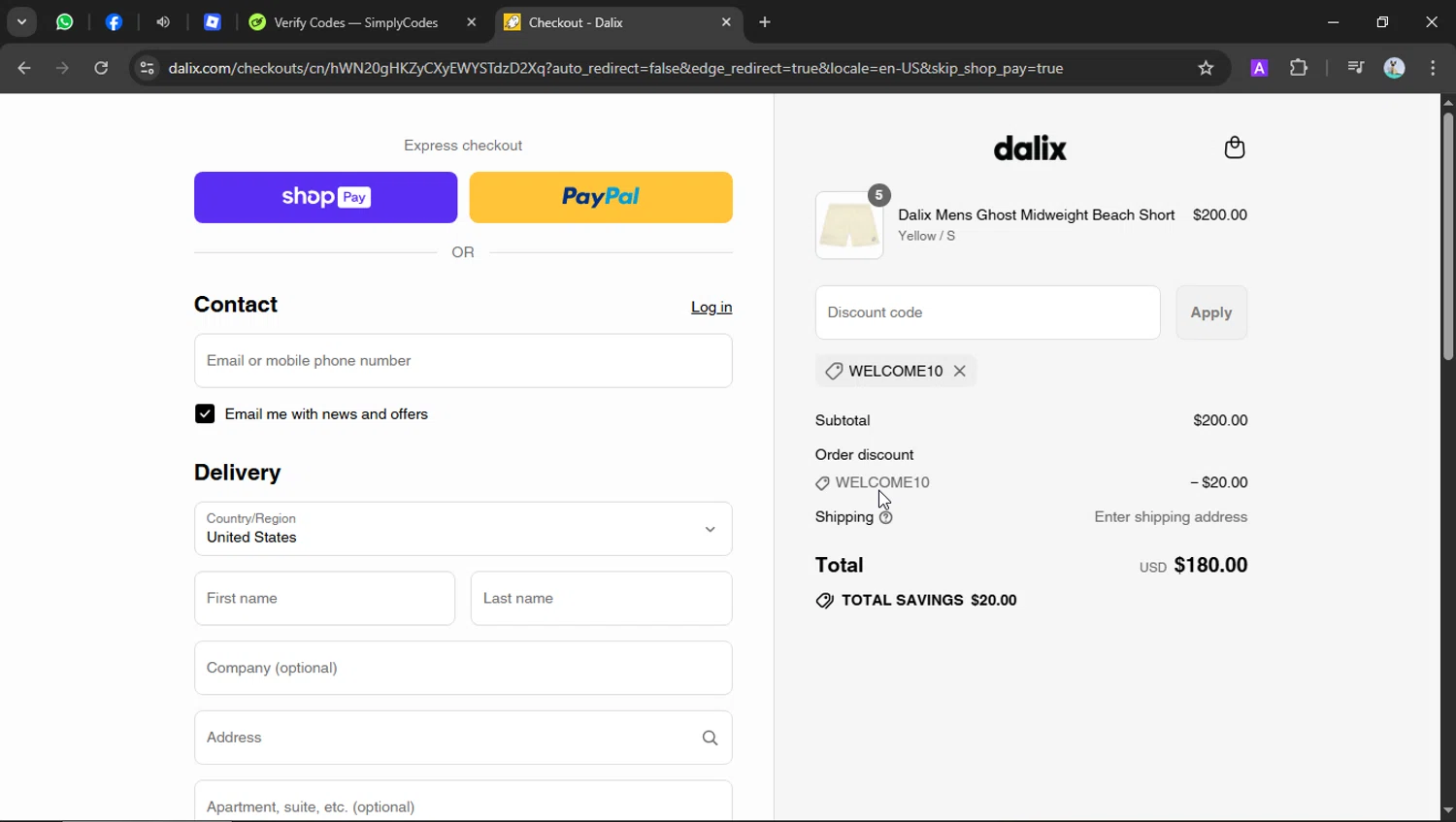 Dalix discount code screenshot showing code WELCOME10 applied at Dalix checkout page. Uploaded by SimplyCodes community member SilverSeeker255 on Aug 20, 2025