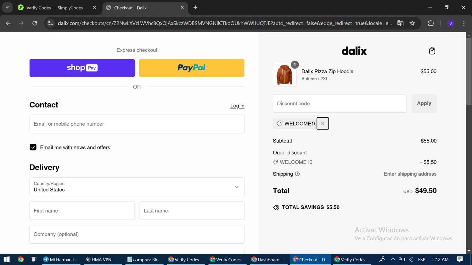 Dalix discount code screenshot showing code WELCOME10 applied at Dalix checkout page. Uploaded by SimplyCodes community member ExtraordinaryWizard9697 on Dec 27, 2024