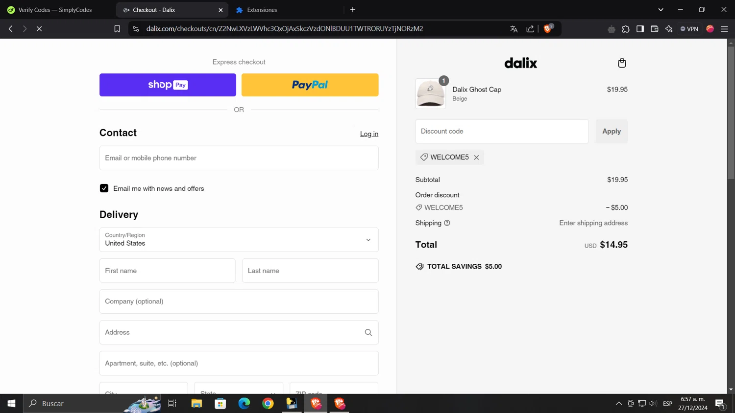 Dalix discount code screenshot showing code WELCOME5 applied at Dalix checkout page. Uploaded by SimplyCodes community member Hasta_El_Final on Dec 27, 2024