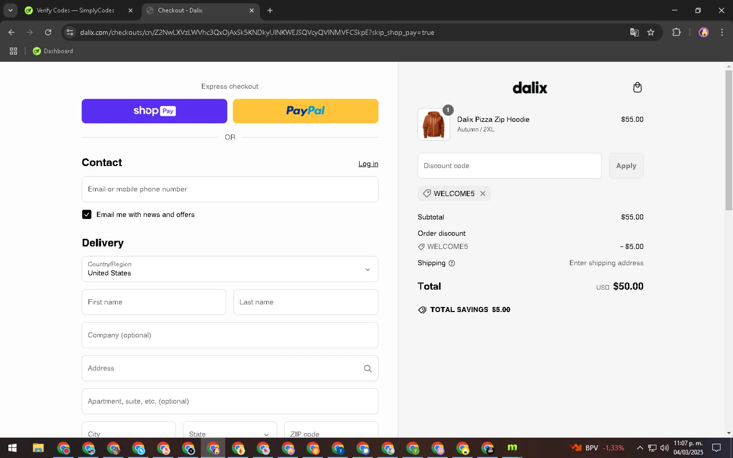 Dalix discount code screenshot showing code WELCOME5 applied at Dalix checkout page. Uploaded by SimplyCodes community member SilverShopper7946 on Mar 5, 2025