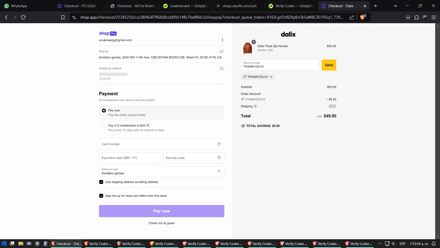 Dalix discount code screenshot showing code THANKYOU10 applied at Dalix checkout page. Uploaded by SimplyCodes community member SimplyGOAT on Jan 25, 2025