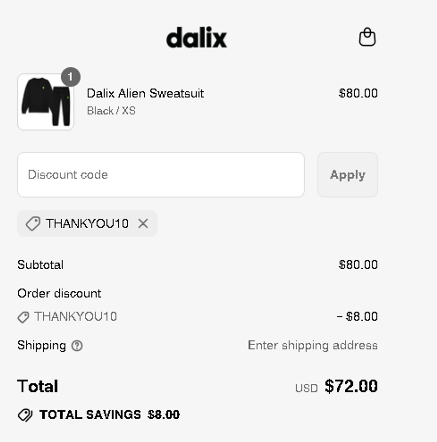 Dalix discount code screenshot showing code THANKYOU10 applied at Dalix checkout page. Uploaded by SimplyCodes community member ValueSage7369 on Jul 17, 2025