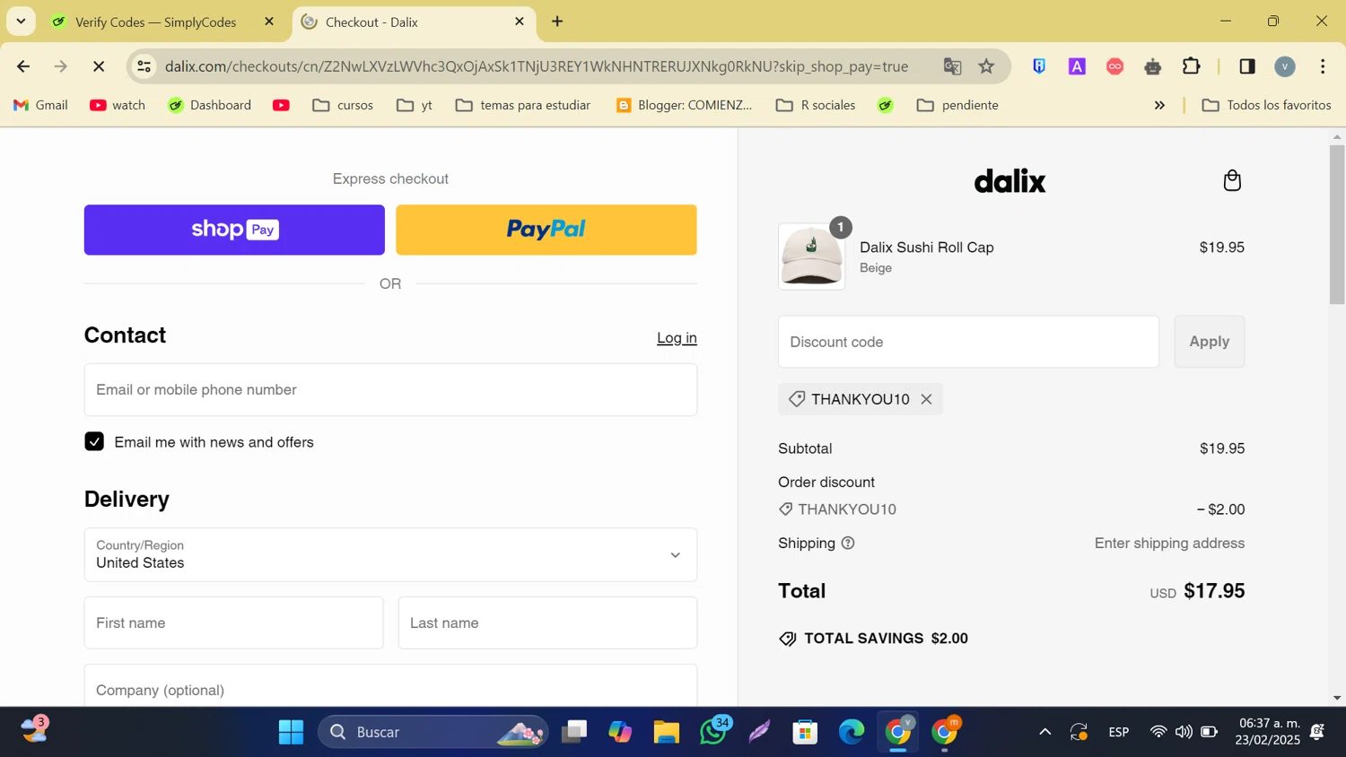 Dalix discount code screenshot showing code THANKYOU10 applied at Dalix checkout page. Uploaded by SimplyCodes community member tonikros on Feb 23, 2025