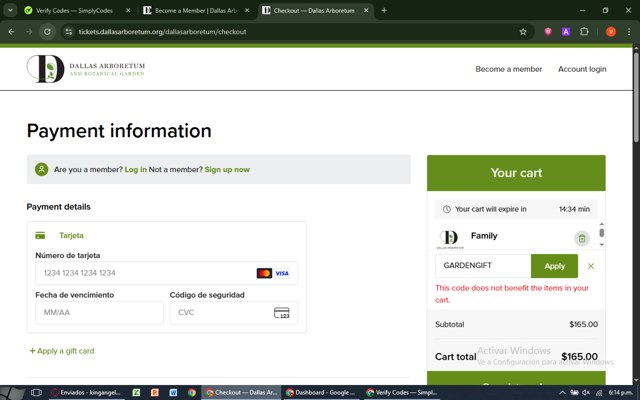 Dallas Arboretum checkout page showing Dallas Arboretum promo code box | Screenshot taken by SimplyCodes community member on Jul 3, 2025