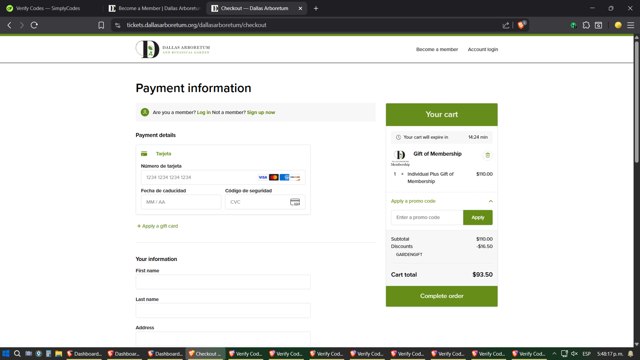 Dallas Arboretum checkout page showing Dallas Arboretum promo code box | Screenshot taken by SimplyCodes community member on Aug 6, 2025