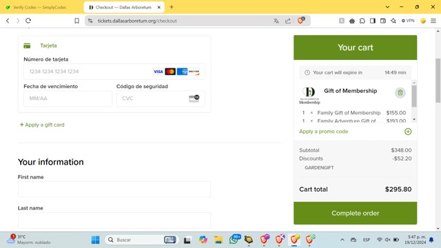 Dallas Arboretum checkout page showing Dallas Arboretum promo code box | Screenshot taken by SimplyCodes community member on Dec 19, 2024