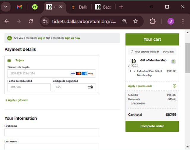 Dallas Arboretum checkout page showing Dallas Arboretum promo code box | Screenshot taken by SimplyCodes community member on Dec 9, 2024