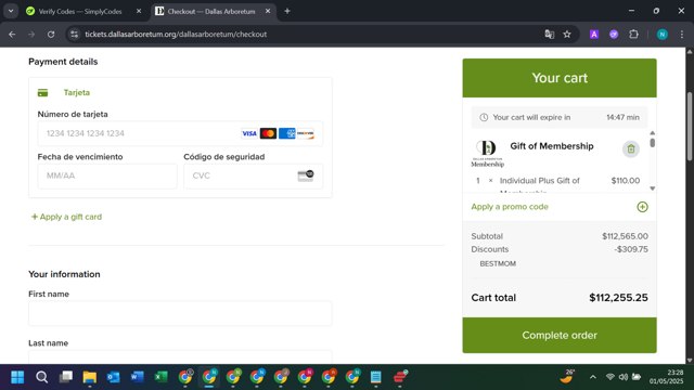 Dallas Arboretum checkout page showing Dallas Arboretum promo code box | Screenshot taken by SimplyCodes community member on May 2, 2025
