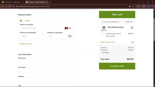 Dallas Arboretum checkout page showing Dallas Arboretum promo code box | Screenshot taken by SimplyCodes community member on May 23, 2025