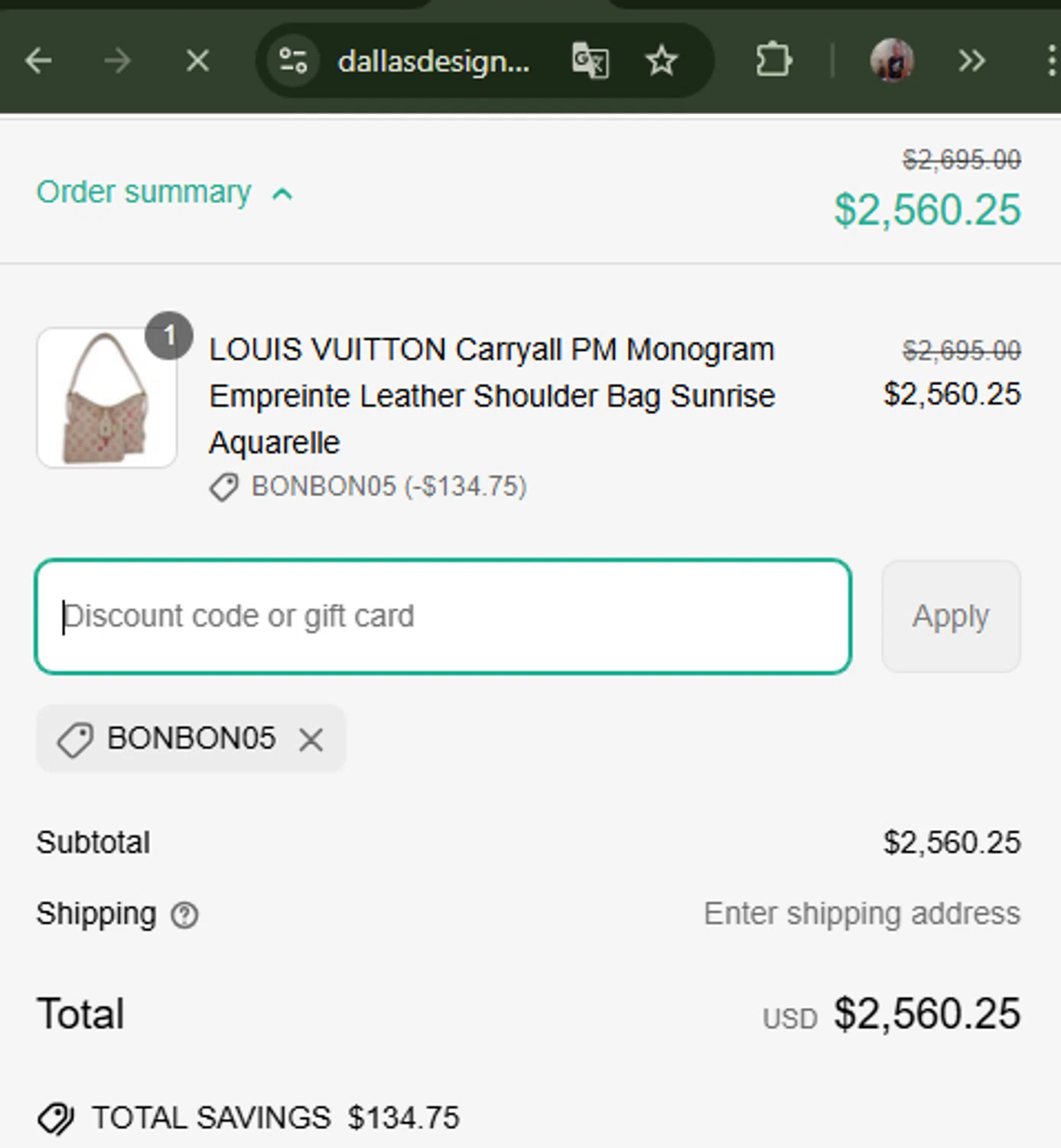 Dallas Designer Handbags coupon code screenshot showing code BONBON05 applied at Dallas Designer Handbags checkout page. Uploaded by SimplyCodes community member CashSaver3941 on Apr 17, 2025