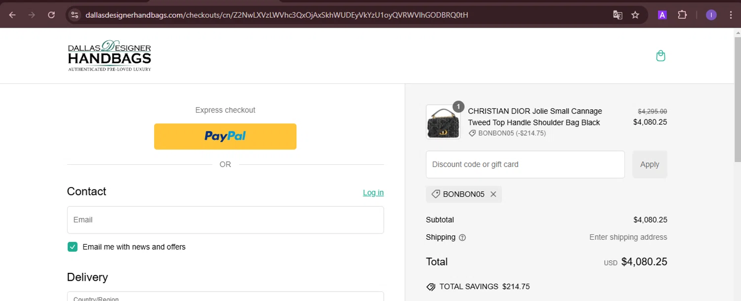 Dallas Designer Handbags coupon code screenshot showing code BONBON05 applied at Dallas Designer Handbags checkout page. Uploaded by SimplyCodes community member joineds on Jan 18, 2025