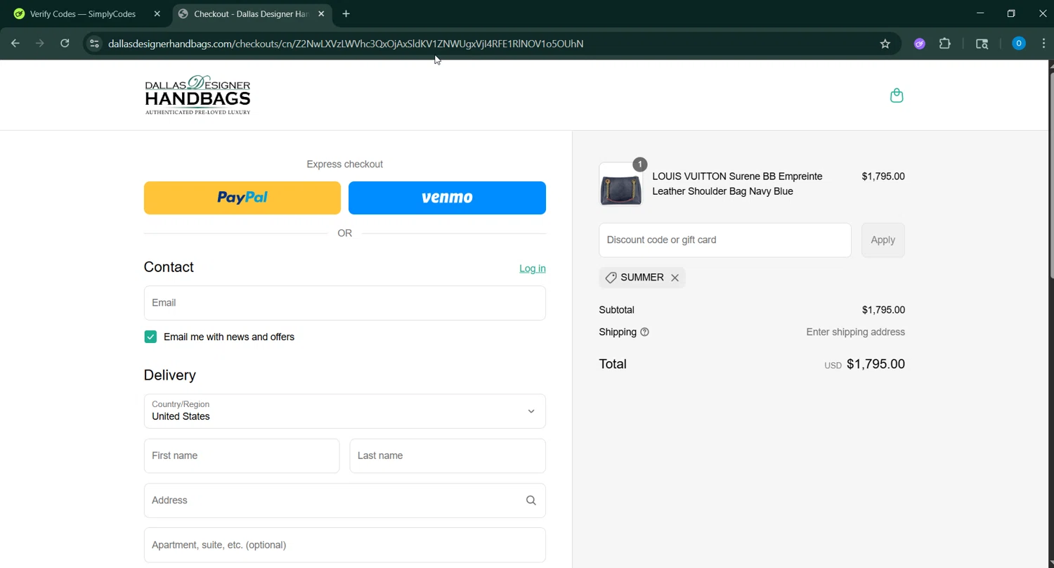 Dallas Designer Handbags coupon code screenshot showing code summer applied at Dallas Designer Handbags checkout page. Uploaded by SimplyCodes community member GoldChaser6627 on May 31, 2025