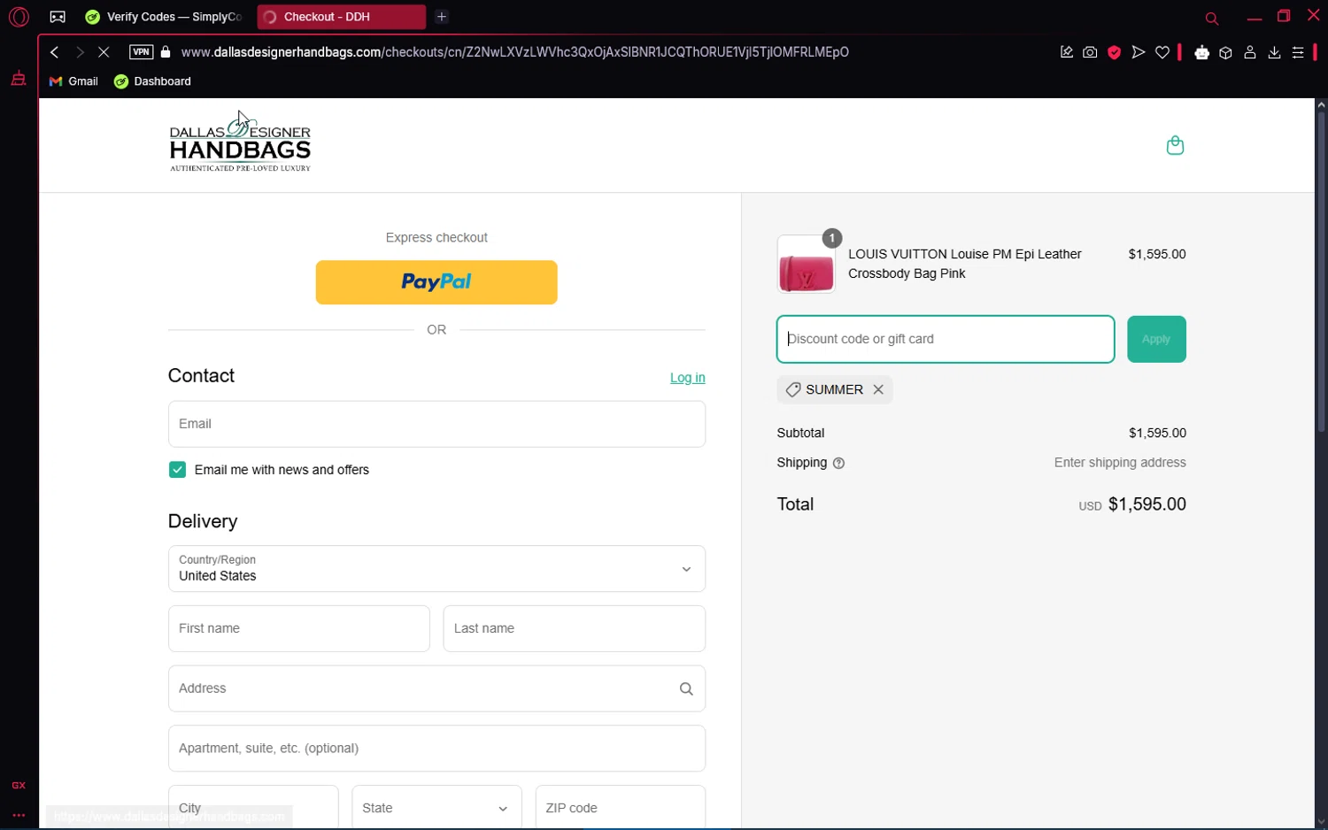 Dallas Designer Handbags coupon code screenshot showing code summer applied at Dallas Designer Handbags checkout page. Uploaded by SimplyCodes community member VoucherAce8469 on Mar 18, 2025