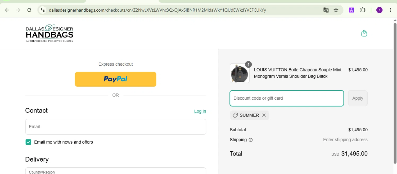 Dallas Designer Handbags coupon code screenshot showing code summer applied at Dallas Designer Handbags checkout page. Uploaded by SimplyCodes community member SmartVoyager1455 on Mar 18, 2025