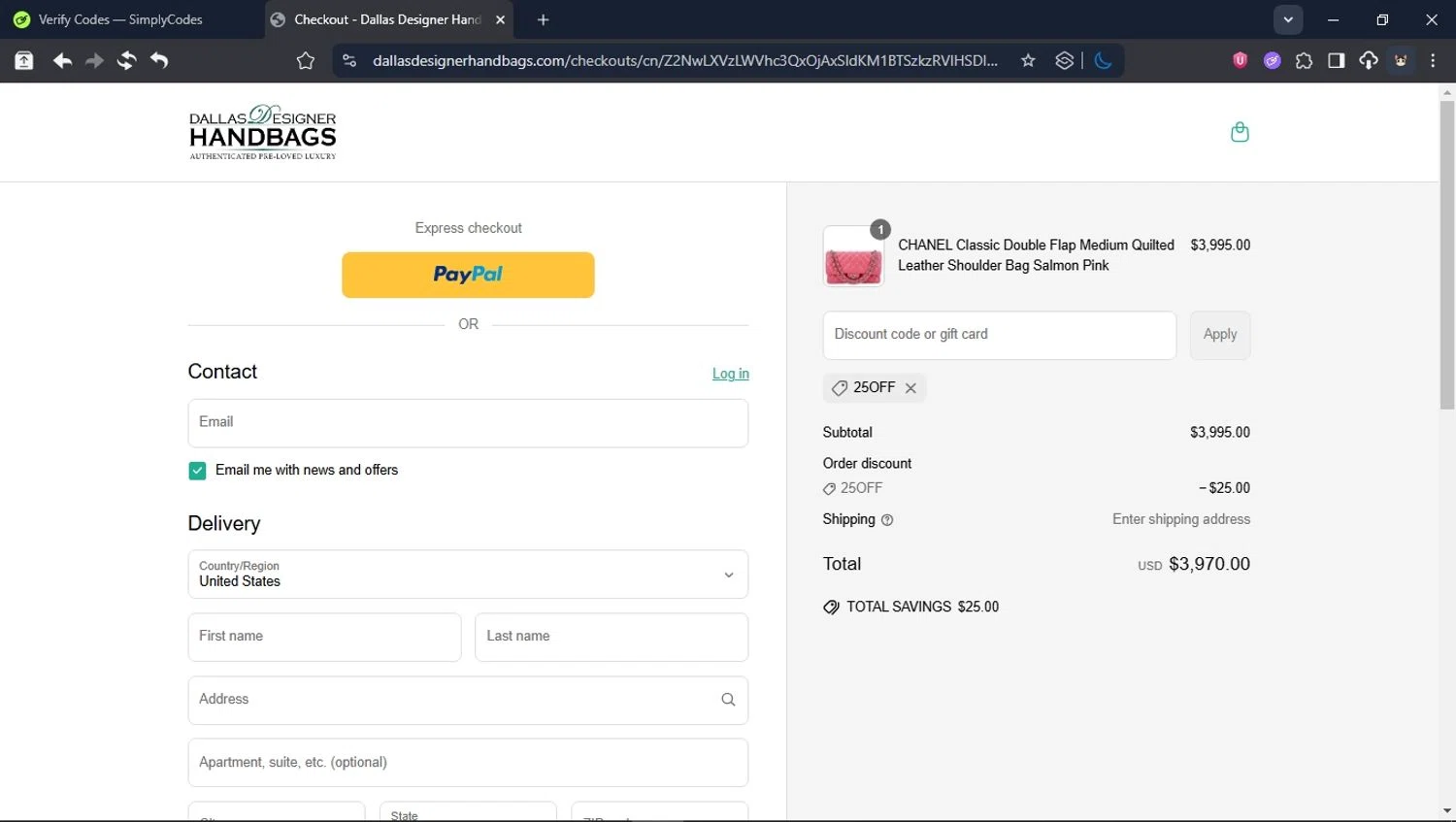 Dallas Designer Handbags coupon code screenshot showing code 25OFF applied at Dallas Designer Handbags checkout page. Uploaded by SimplyCodes community member User_Randon1 on May 31, 2025