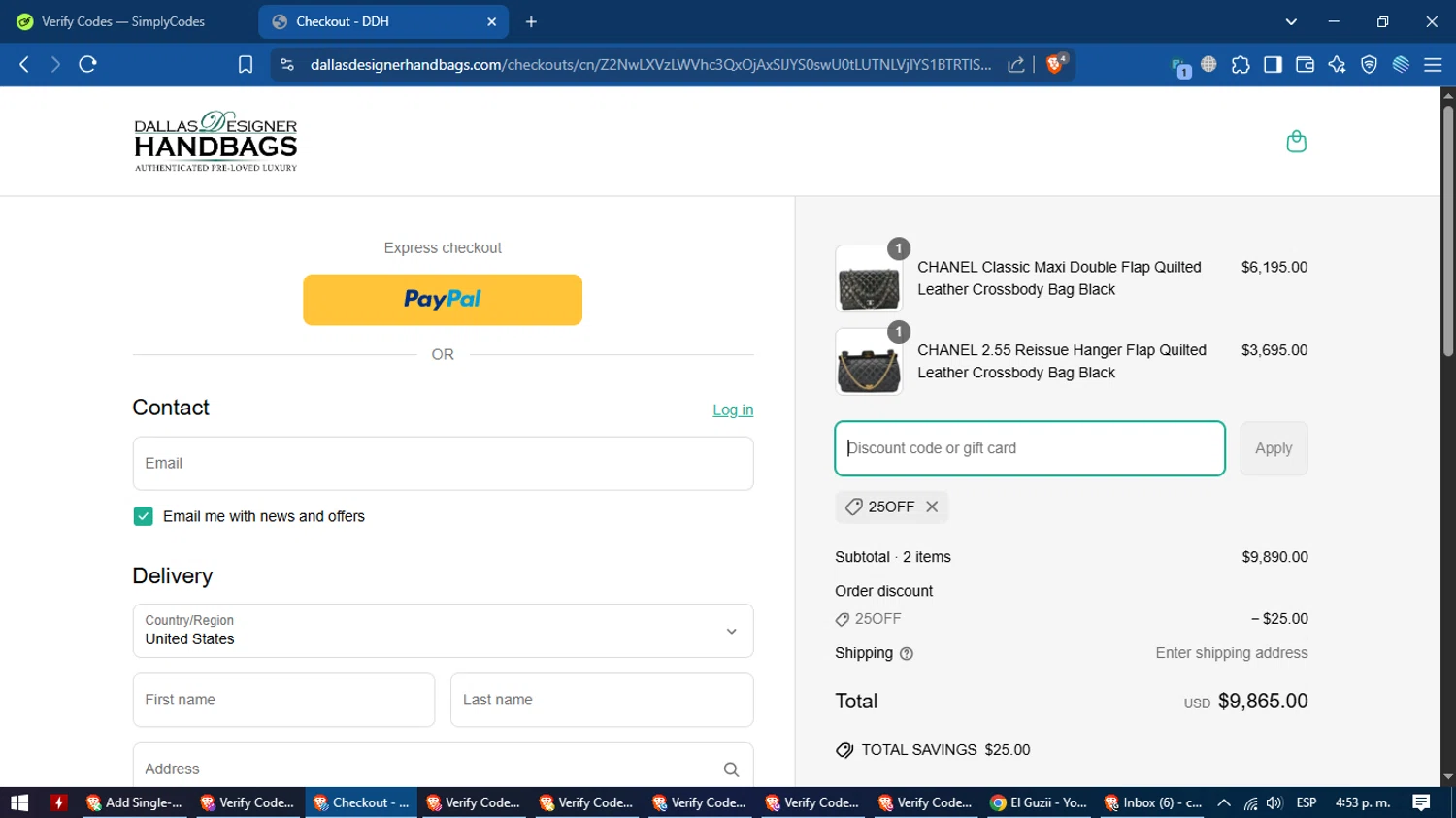 Dallas Designer Handbags coupon code screenshot showing code 25OFF applied at Dallas Designer Handbags checkout page. Uploaded by SimplyCodes community member MagnificentVoyager2830 on Apr 15, 2025