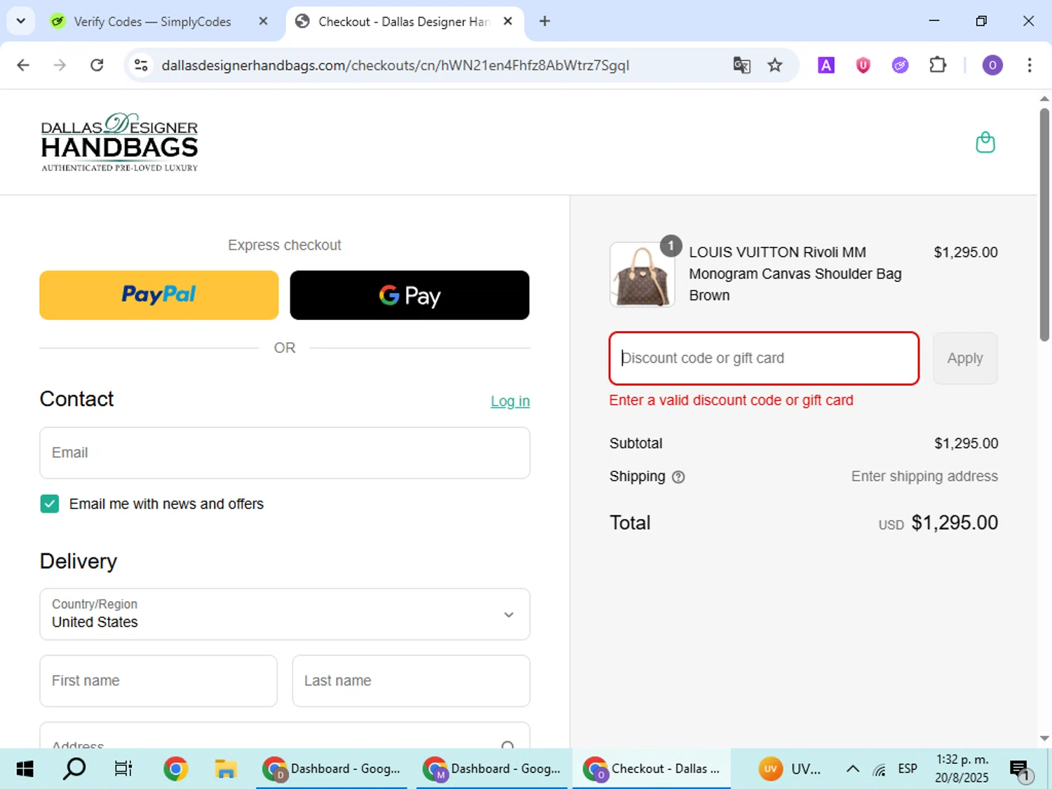 Dallas Designer Handbags coupon code screenshot showing code SALE5 applied at Dallas Designer Handbags checkout page. Uploaded by SimplyCodes community member BudgetHawk9503 on Aug 20, 2025