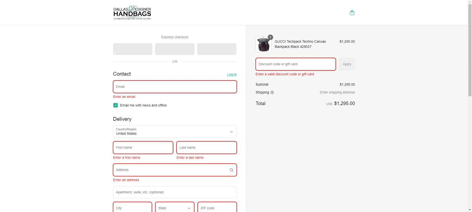 Dallas Designer Handbags coupon code screenshot showing code SALE5 applied at Dallas Designer Handbags checkout page. Uploaded by SimplyCodes community member CleverHawk1744 on Aug 20, 2025
