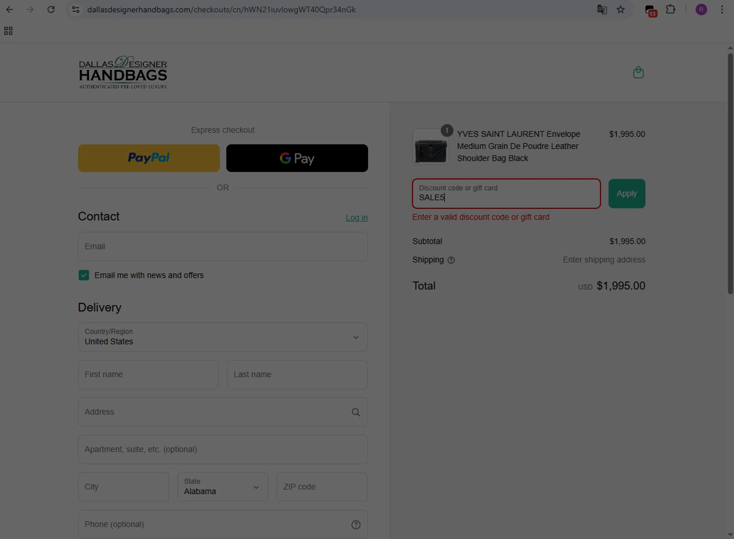 Dallas Designer Handbags coupon code screenshot showing code SALE5 applied at Dallas Designer Handbags checkout page. Uploaded by SimplyCodes community member GloriousMaven6295 on Aug 20, 2025