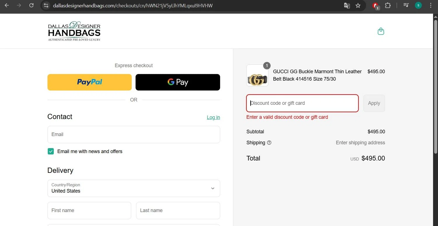 Dallas Designer Handbags coupon code screenshot showing code SALE5 applied at Dallas Designer Handbags checkout page. Uploaded by SimplyCodes community member lizimerz on Aug 20, 2025