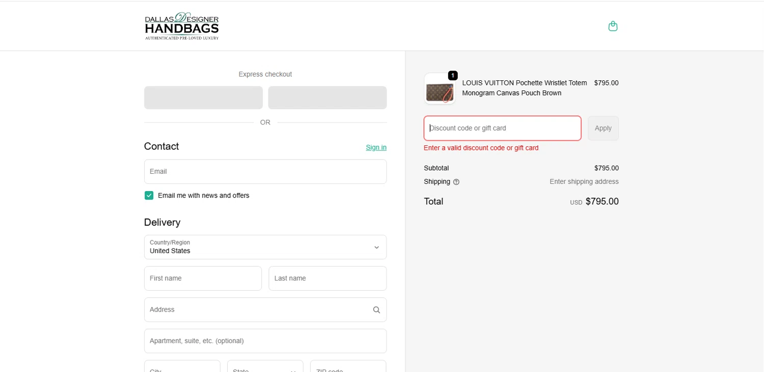 Dallas Designer Handbags promo code screenshot showing code bash240 applied at Dallas Designer Handbags checkout page. Uploaded by SimplyCodes community member MagnifiHero3476 on Feb 20, 2026